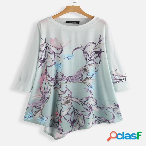 Blusa assimétrica impressa floral de manga comprida com