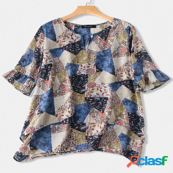 Blusa de babados com estampa dupla manga babados Plus