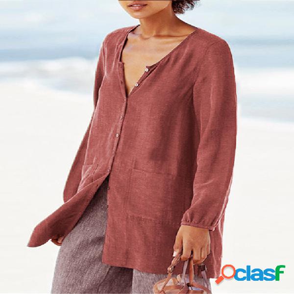 Blusa de botão de cor sólida com bolso