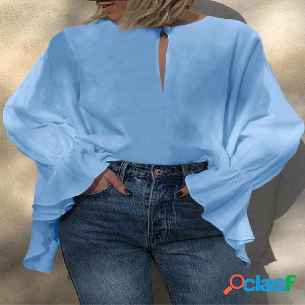 Blusa de cor sólida com manga trompete O-pescoço para