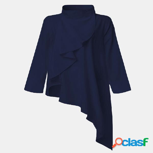 Blusa de gola alta irregular de cor sólida para mulheres