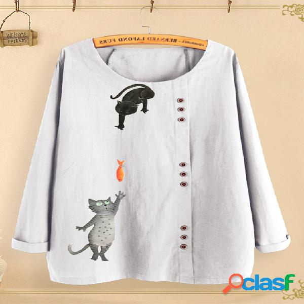 Blusa de manga comprida de impressão de gato de botão para