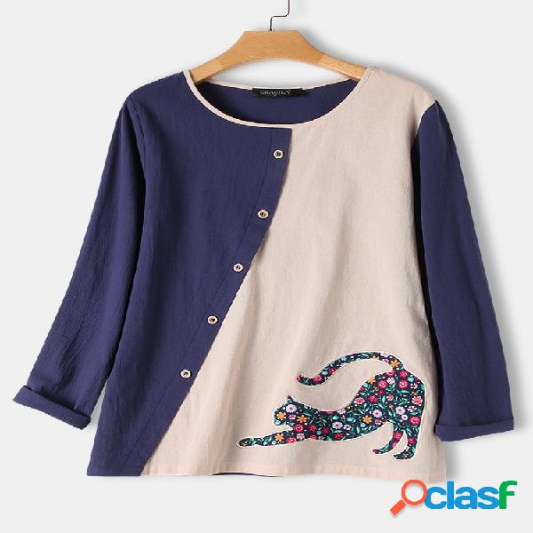 Blusa de manga comprida floral de contraste de gato para