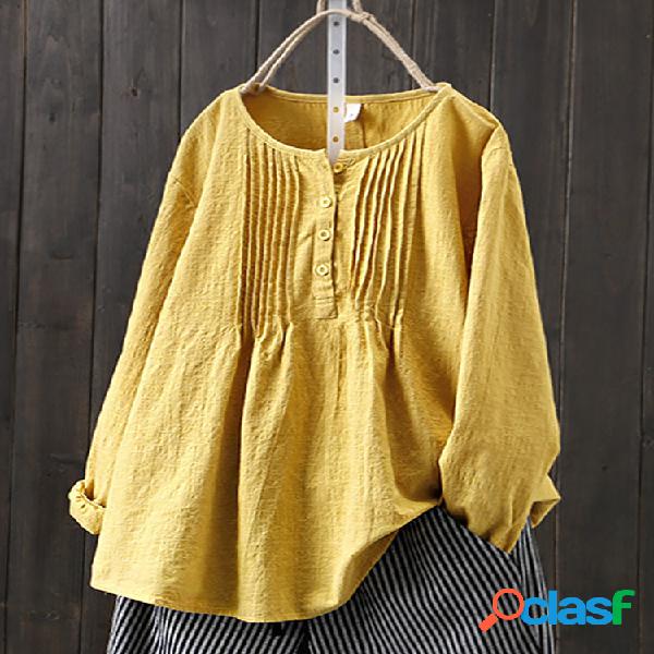 Blusa de manga comprida plissada vintage cor sólida Plus