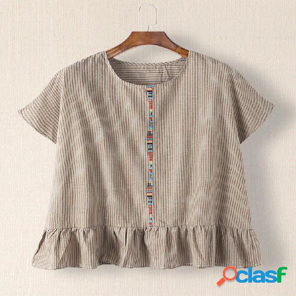 Blusa solta com folhos listrados de manga curta