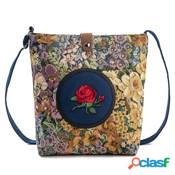 Bolsa Floral Jacquard de Lona Rosa Bordada Capacidade Grande