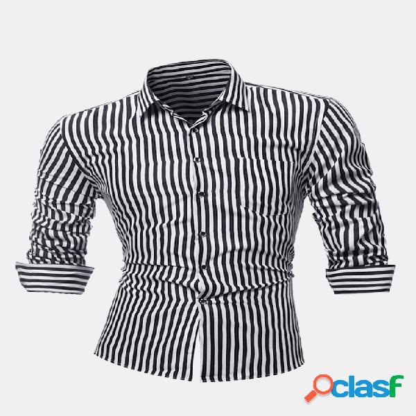 Bolso no peito listrado Business Slim Casual mangas