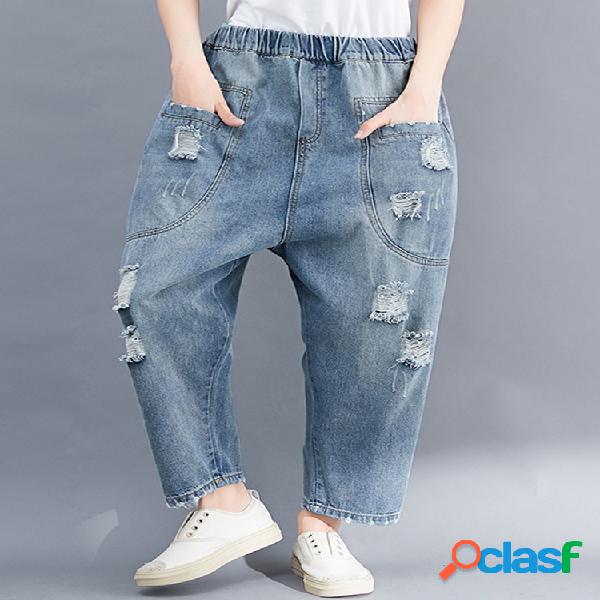 Bolsos elásticos rasgados na cintura Casual Jeans para
