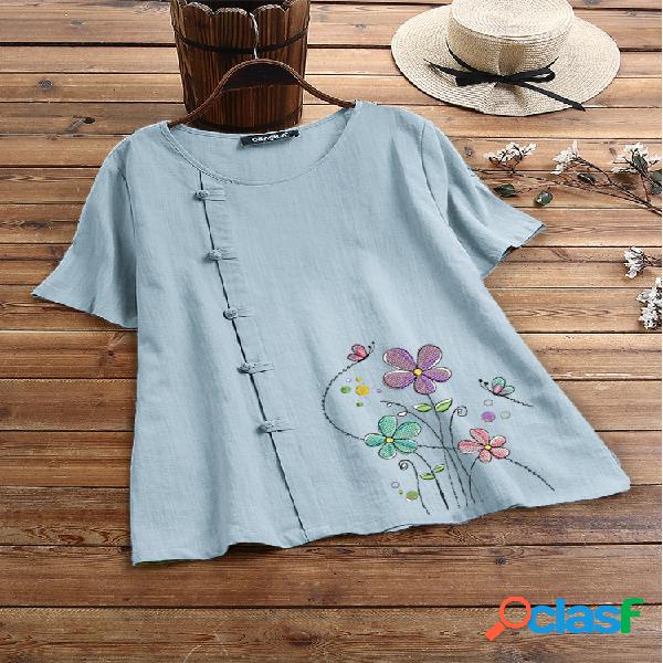 Bordado Floral manga curta O-pescoço Sapo Botão T-shirt
