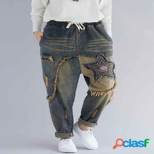 Bordado Patchwork elástico na cintura Harem Denim