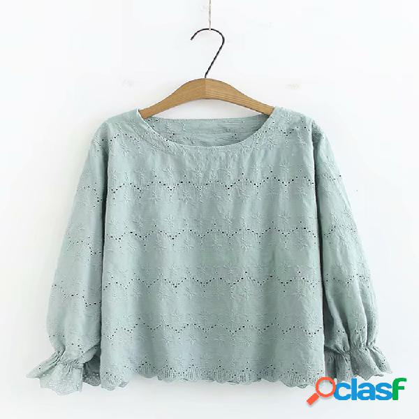 Bordado escavar manga longa cor sólida blusa o pescoço