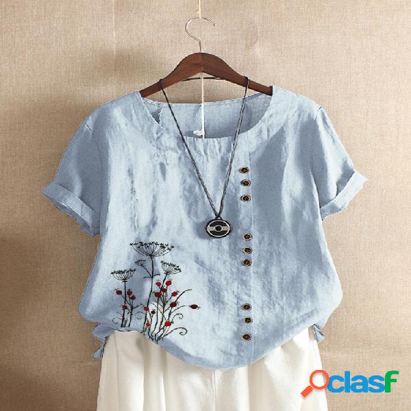 Bordado floral vintage camiseta de manga curta