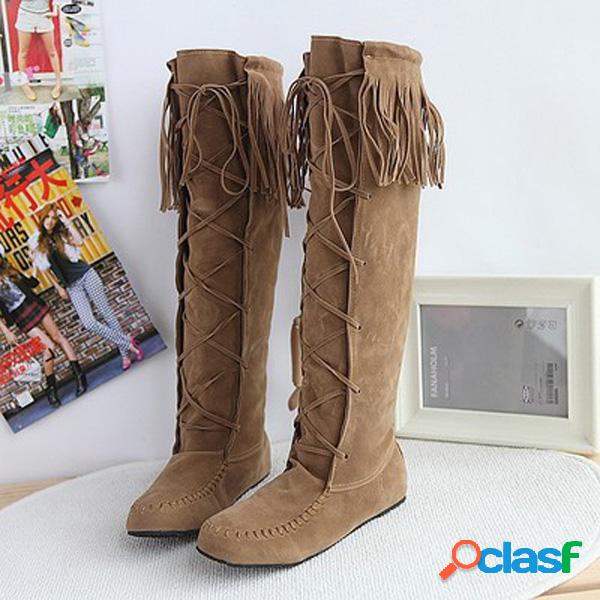 Botas Planas Cano Alto Tamanho Grande com Tassel