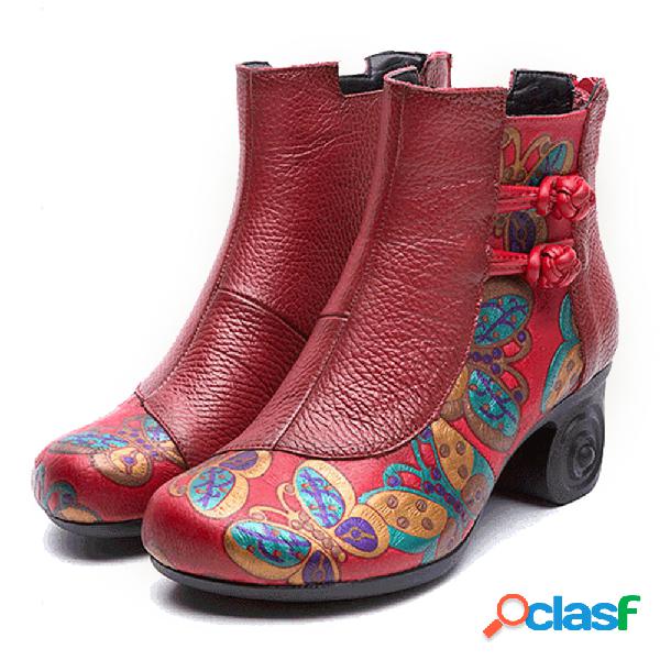 Botas de salto de flor de couro genuíno retro artesanal de