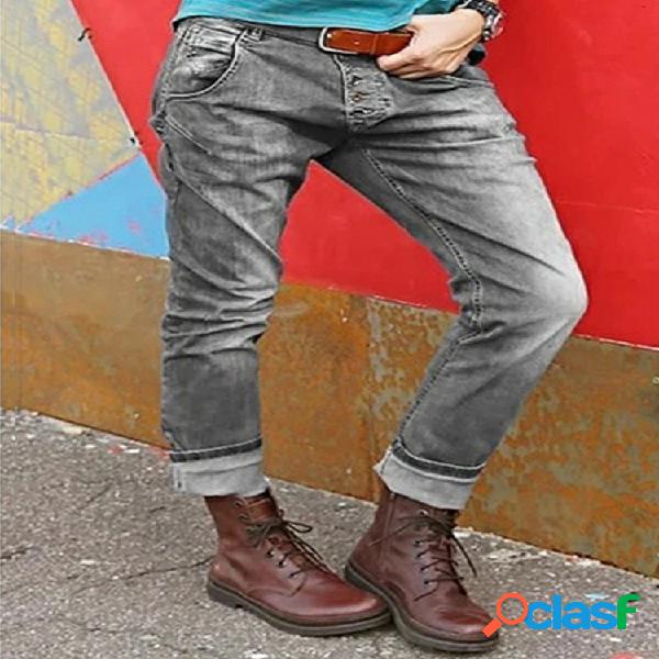 Botão de cor sólida Casual Jeans para mulheres
