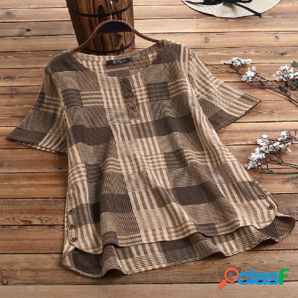 Botão de manta de algodão detalhe manga curta Plus blusa