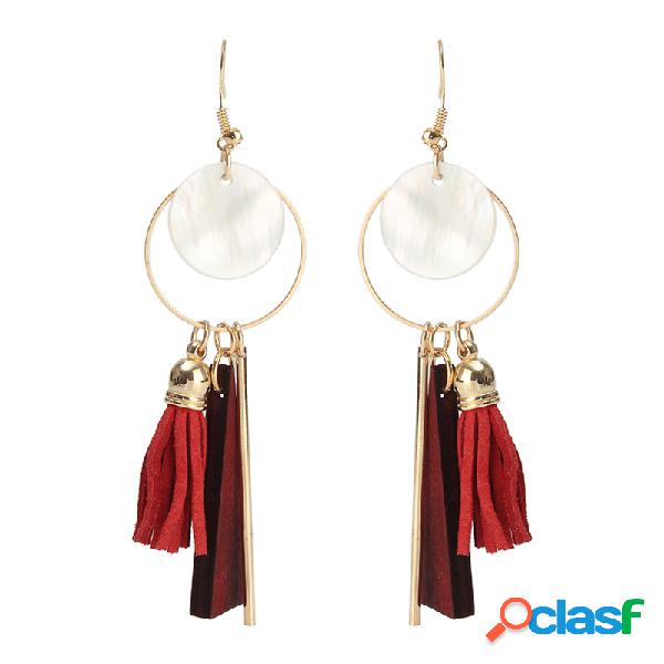 Brincos Geométricos Elegantes de Ouro Concha Madeira Tassel