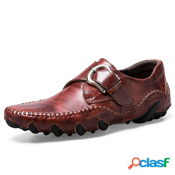 Calçados Casuais Suaves de Velcro Costura Manual Couro