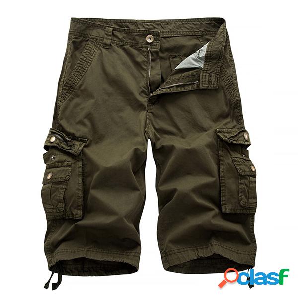 Calções de Verão com Multi-bolso Cor sólido Carga Casual