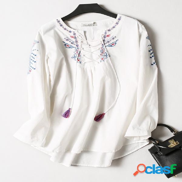 Camisa Casual Bordada Feminina Manga Longa