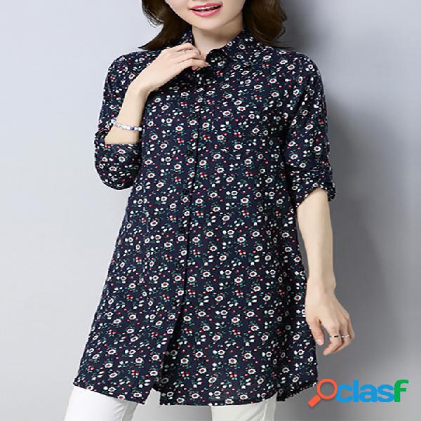 Camisa de lapela de manga comprida floral impressa para