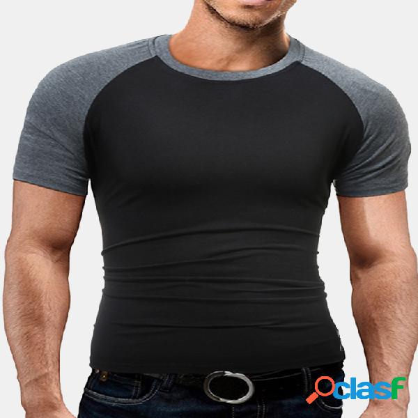 Camiseta de Algodão Gola Redonda Cor Contrastante Masculina