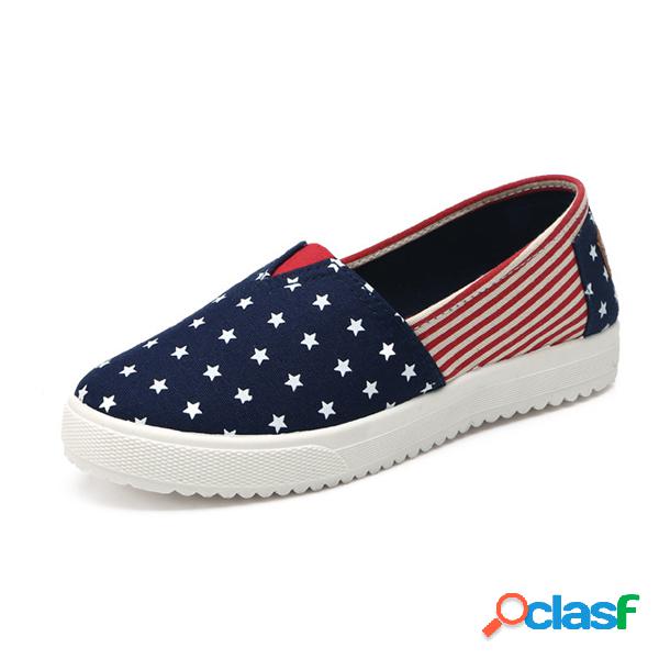 Canvas Stripe Leaf Print Correspondência de cores Slip On