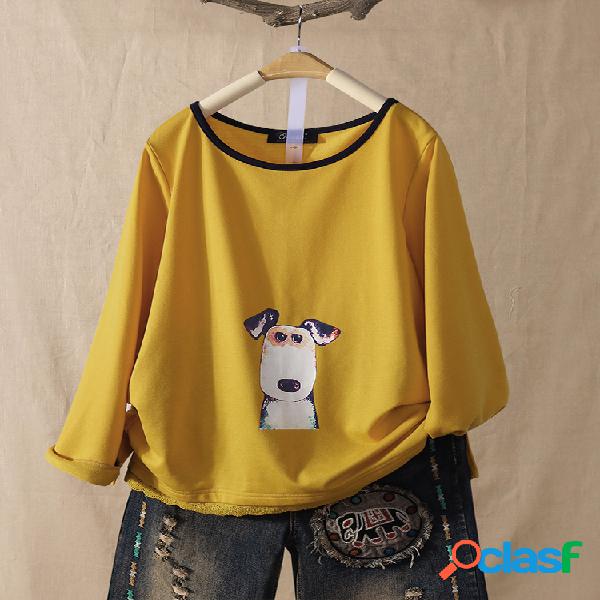 Cartoon Cachorro Impresso manga comprida Plus blusa de