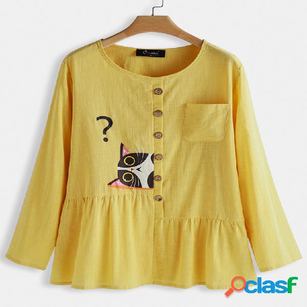 Cartoon Cat Print Casual Plus Blusa de tamanho para mulheres