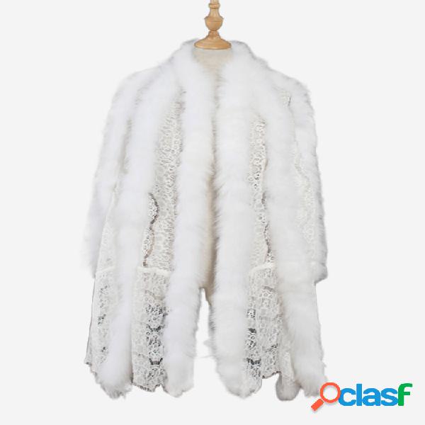 Casaco Faux Fur Cor Sólida Outono Inverno Lace Shawl
