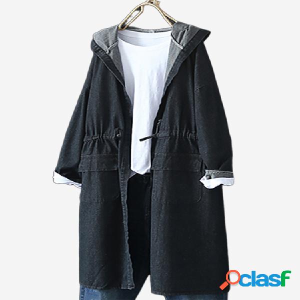 Casaco com capuz cor sólida Denim
