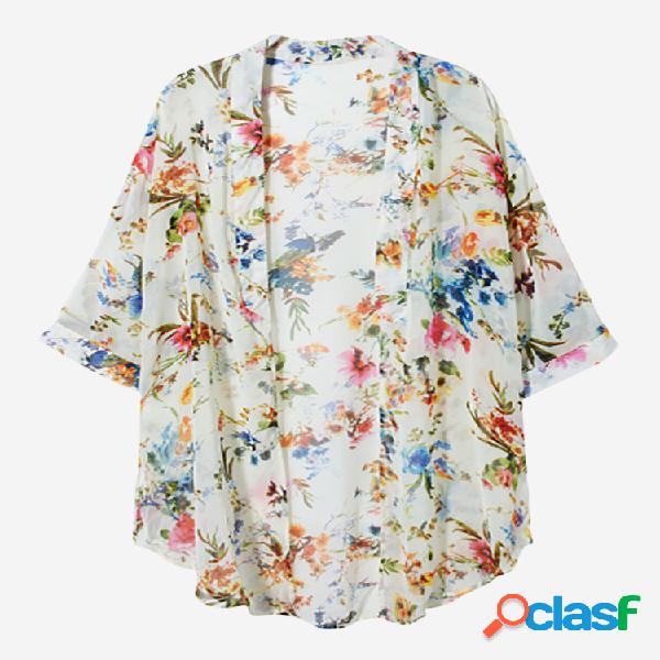 Casaco de Chiffon Estampa Floral Manga Curta Multi-cor