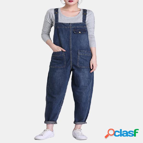 Casual Denim Pockets Rompers For Women