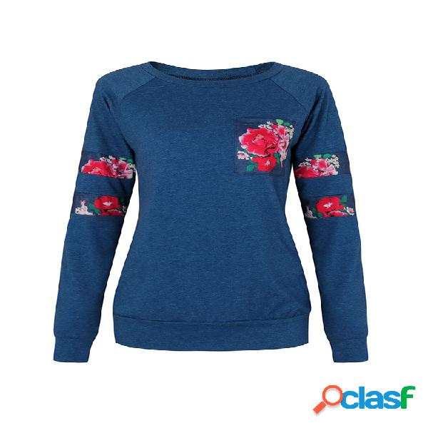 Casual Floral Print Patchwork manga comprida O-pescoço