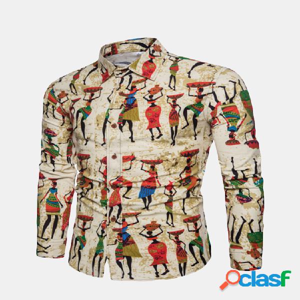 Casual Linen Printing Manga comprida Designer Shirts