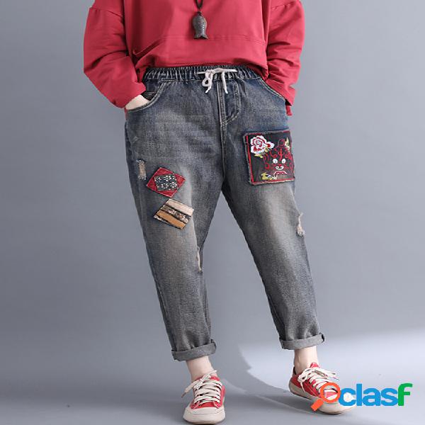 Casual Patchwork Bordado Elástico Na Cintura Denim