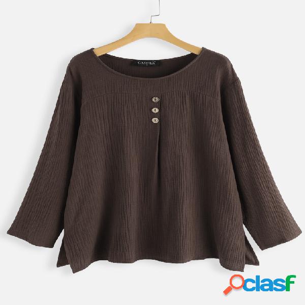 Casual Pure Color manga comprida botão O-neck Blusa Para