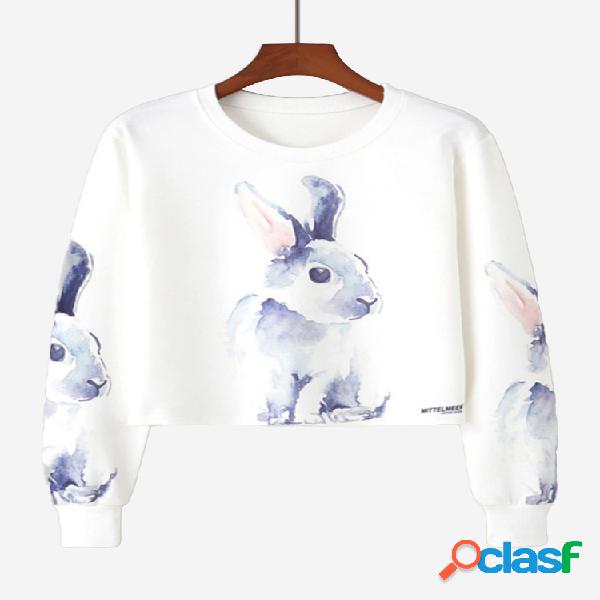 Casual Rabbits Fruits Pattern Long Sleeve O-neck Mulheres