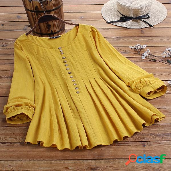 Casual Solid Color Button O-plissado Blusa de manga comprida