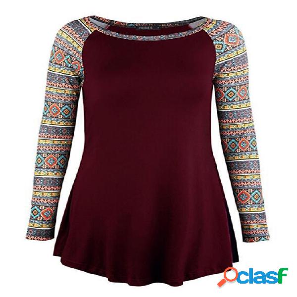 Casual Stripe Print Patchwork Manga comprida O-neck Women