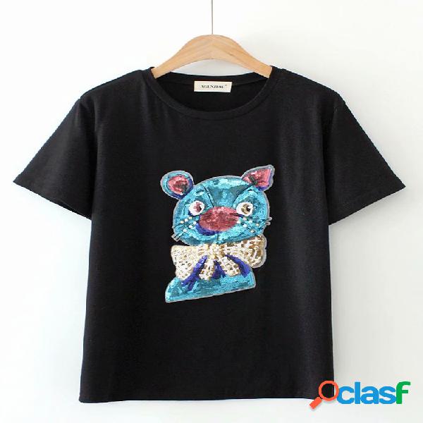 Casual T-shirt do pescoço das lantejoulas dos desenhos