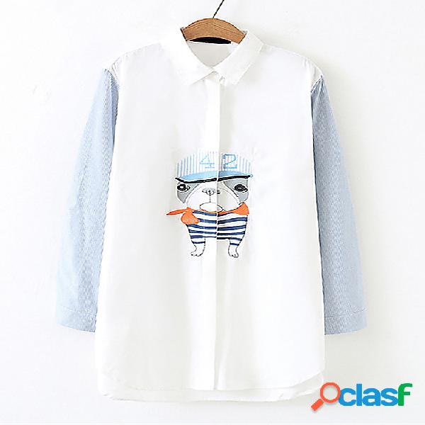 Casual blusa bordada bordada baggy para mulheres