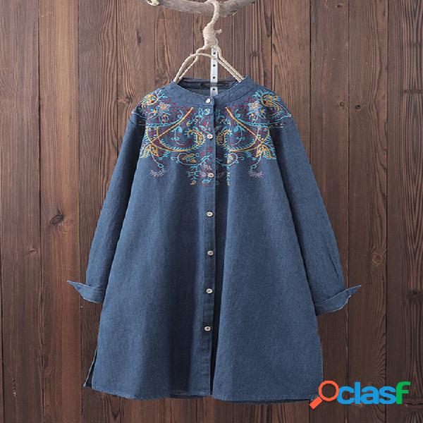 Casual bordado gola manga comprida botão denim blusa azul