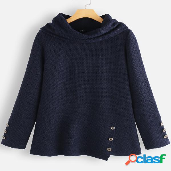 Casual cor sólida botão gola alta manga longa blusa de