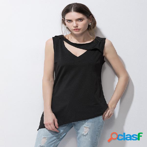 Casual irregular patchwork sem mangas com decote em v