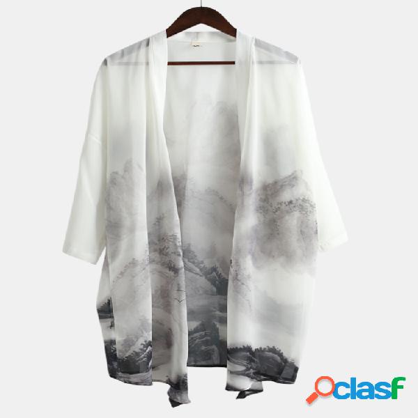 Chiffon fino leve bloco de sol Camisa solto chinês étnica