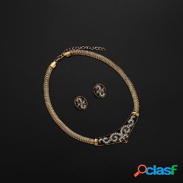 Colar de Corrente de Ouro do vintage Strass Esmalte Brincos