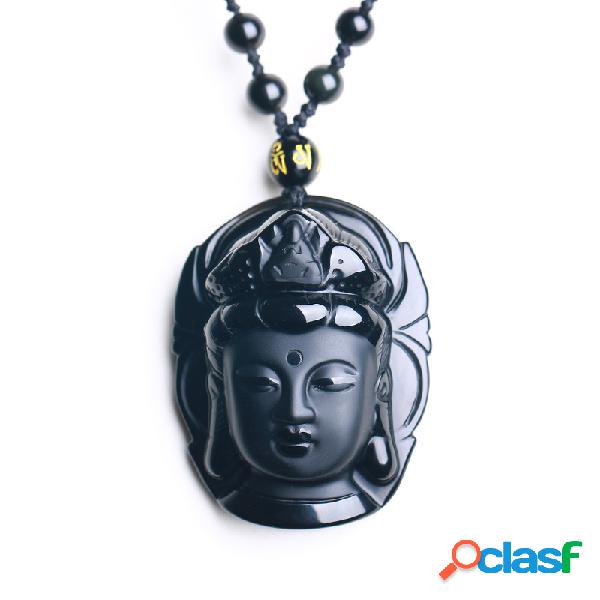 Colar pingente de Kwan-yin esculpido com obsidiana negra