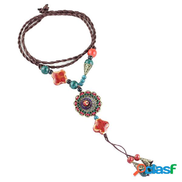 Colar Étnico Cerâmico Pingente Floral Ajustável Feminino