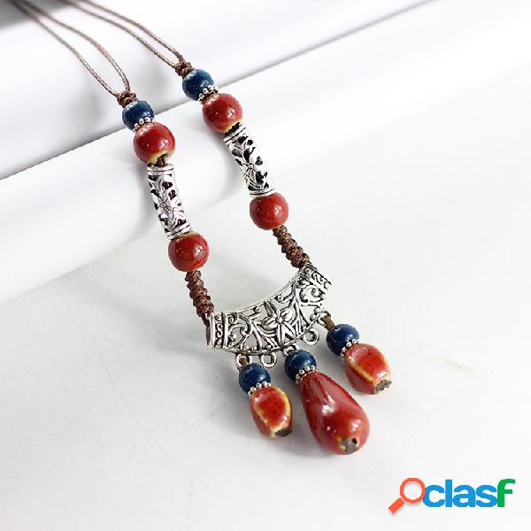 Colar Étnico Vintage Gota de Cerâmica Tassel Manual Para